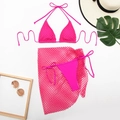 Detailed flat lay of rose red three-piece bikini set with mesh skirt and beach accessories - S / Rose Red