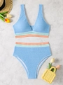 Detailed texture of light blue waffle fabric bikini with striped elastic waistband - S / Sky Blue
