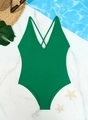 Flat lay of a deep green one-piece swimsuit with V-neckline and cross back straps - S / Green