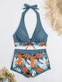 Bikini due pezzi blu scuro con stampa tropicale e pantaloncini a vita alta - S / Top E Pantaloni / Blu Grigio