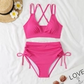 Detailed flat lay of fuchsia ribbed bikini set with drawstring high waist bottom - S / Rose Red