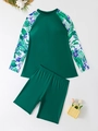 Flat lay of long sleeve tankini set with tropical palm leaf and purple flower prints - 1XL / Green
