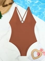Detail of dark brown plunging neckline swimsuit with criss-cross back ties on marble background - S / Brown