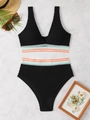 Close-up of black bikini with textured fabric and colorful wavy woven straps - S / Black