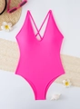 Flat lay of bright pink one-piece swimsuit with plunging V-neck and lace-up front detail - S / Rose Red