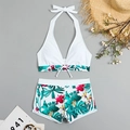 Bikini a due pezzi con top bianco e pantaloncini con stampa floreale tropicale - S / Top E Pantaloni / Foglie Bianche E Blu