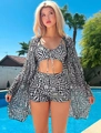 Detailed view of the three-piece bikini set featuring black and white geometric maze prints - S / Black and White Maze (Color 2)
