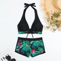 Bikini a due pezzi con stampa floreale tropicale e top a fascia nero in variante - S / Top E Pantaloni / Foglie Nere E Verdi