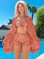 Three-piece bikini set with high-waisted shorts and matching geometric print cover-up - S / Top And Bottom / Red and White (Color 5)