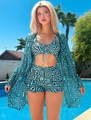 Three-piece bikini set with high-waisted shorts and geometric print cardigan for beach - S / Top And Bottom / Blue-Green and Black (Color 7)