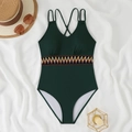 Deep green ribbed swimsuit featuring ethnic geometric embroidery and cross-back straps - S / Green