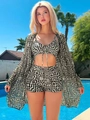 Three-piece geometric bikini set with high-waisted bottoms and a matching cover-up - S / Black and White Maze (Color 1)