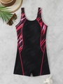 Flat lay view of a sporty black one-piece swimsuit with pink side stripes and summer props - S / Black Pink Geometric (Color 4)