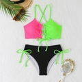 Detail view of two-piece contrast bikini set with textured fabric and lace-up design - S / Rose Red + Green