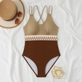 Detail of color-block swimsuit featuring a bohemian woven waist belt and thin cross straps - S / Khaki + Coffee