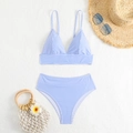 Detailed flat lay of blue and white striped high waisted bikini with vacation accessories - S / Blue