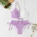 Flat lay of color-block bikini with ribbed texture and beach vacation accessories - S / Light Purple And White