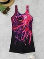 Flat lay of sporty one-piece floral swimwear with summer beach accessories on marble - S / Black Pink Floral Lines (Color 6)