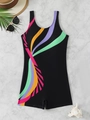 Flat lay of black one-piece swimsuit with colorful stripes and beach accessories - S / Black Multicolor Arc Stripes (Color 7)