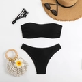 Flat lay of black textured bikini set with strapless top and removable strap detail - S / Black