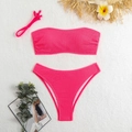 Bright pink ribbed bandeau bikini set with high waist bottom on white sand background - S / Top And Bottom / Rose Red