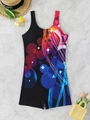 Close-up of one-piece swimsuit featuring abstract colorful prints and U-neckline detail - S / Black Red Blue Orange Swirl (Color 9)