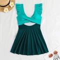 Flat lay of color-block skirted swimsuit with ruffle straps and waist cutout detail - S / Cyan + Dark Green