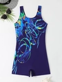 Navy blue one-piece modest swimsuit with colorful abstract spiral print and wide straps - S / Navy Blue Abstract Spiral (Color 1)