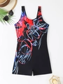 Women's modest one piece boyleg swimsuit in black with red blue geometric print - S / Black Red Blue Geometric (Color 2)