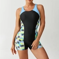 Costume da bagno sportivo intero da donna con stampa tropicale e schiena scoperta - S / Celeste
