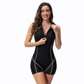 Women's black one-piece sports swimsuit with silver contour lines and front zipper closure - S / Black