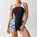 Costume da bagno intero sportivo da donna con stampa a palme e inserti viola a contrasto - S / Viola Chiaro