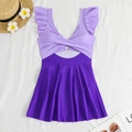 Detail of color block one-piece swim dress with ruffle straps and cutout design - S / Purple