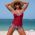 Women's two-piece tankini set featuring dark red paisley print top and boyleg swim shorts - S / Burgundy