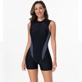 Front view of black and grey sleeveless wetsuit with central zipper and slim fit design - XS / Black + Gray