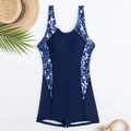 One-piece athletic swimwear in navy blue with geometric print and boyleg cut - S / Blue