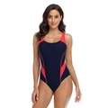 Detail of navy blue one-piece swimsuit with red side panels and athletic racerback design - S / Red