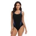 Close-up of sporty one-piece swimsuit with black and navy blue slimming patchwork design - S / Gray