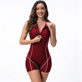 Sporty burgundy one-piece swimsuit with front zipper and contrast white stitching accents - Dark Red