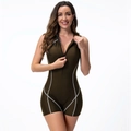 Detail of olive green one-piece swimsuit featuring front zipper and white side stripes - Brown