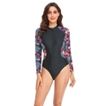 Bañador de una pieza de manga larga con estampado tropical y cremallera frontal - S / Hojas Violetas