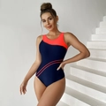 Close-up of sporty one-piece swimsuit with blue and orange color block design - S / Orange
