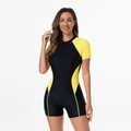 Maillot de bain de surf une pièce pour femme avec manches courtes et blocs de couleurs - XS / Noir+Jaune