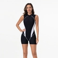 Women's black one-piece sleeveless surf swimsuit with white side stripes and front zipper - XS / Black + White
