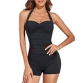 Women's black one-piece swimsuit with halter neck and ruched slimming boy-short design - S / Black