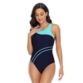 Detail of navy and turquoise athletic one-piece swimsuit with racerback shoulder straps - S / Lake Blue