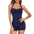 Deep blue halter neck one-piece swimsuit with ruched slimming design and boyleg cut - S / Blue