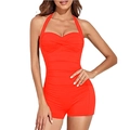 Women's bright orange halter one-piece swimsuit with flattering ruched waist design - S / Orange Red
