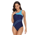 Detail of professional one-piece swimsuit with athletic blue color-block design - S / Sky Blue