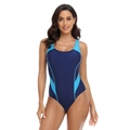 Women's one-piece athletic swimsuit in navy blue with light blue side panel stitching - S / Blue